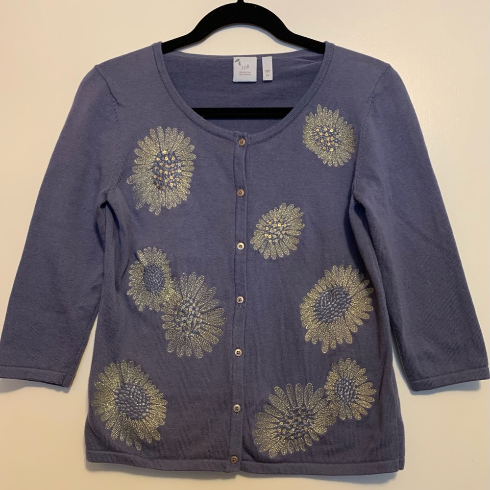 JJILL XS Cardigan with Silver Embroidered Flowers